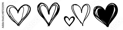 Fotografie Hand drawn heart doodles in black and white featuring sketch outline hearts, small accent heart, and one bold filled heart isolated on white background suitable for love, romance, valentine designs