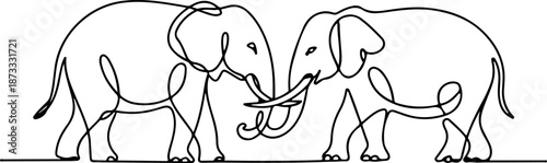 Continuous Line Illustration of Elephants with Intertwined Trunks – Minimal One Line Bond and Harmony Art, Elegant Wildlife Design