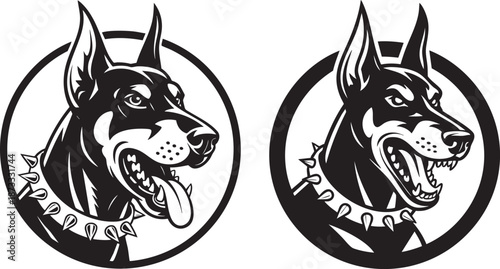 doberman dog head logo line art – aggressive guard dog emblem in black and white