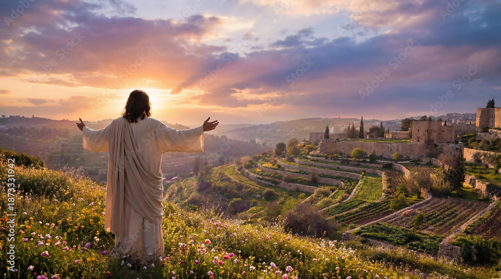 Fototapeta premium Jesus stands on a flowery hill, arms outstretched towards the sunset over ancient terraced fields and historical stone structures, symbolizing hope, blessing, and divinity.