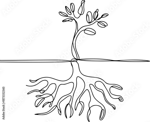 Continuous Line Illustration of Roots Connecting Underground – Minimal One Line Symbol of Hidden Unity and Growth, Organic Nature Design