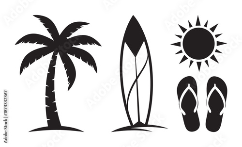 Tropical beach vacation icons vector palm tree surfboard sun flip flops