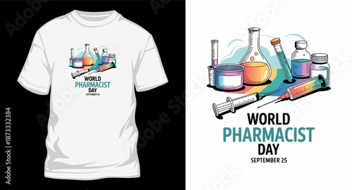 World pharmacist day with medical equipment like syringes vials and flasks celebration