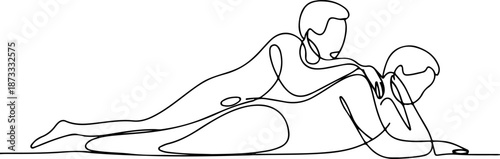 Continuous Line Illustration of Two Figures Lying Side by Side – Minimal One Line Restful Connection Art, Calm Modern Design