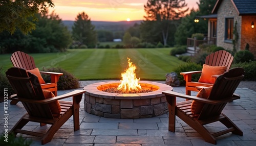 Cozy backyard scene features fire pit with stone surround. Wooden chairs with orange pillows arranged around. Scenic lawn stretches toward trees. Sunset in background. Relaxation with friends, family