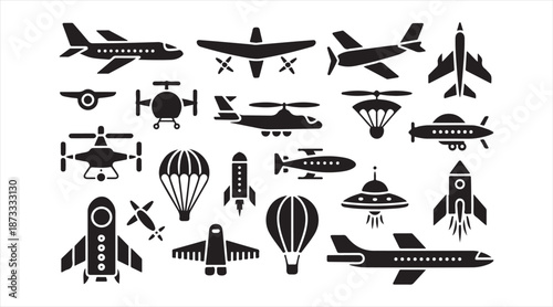 Flying vehicles silhouette icon pack including jets, balloons and spacecraft
