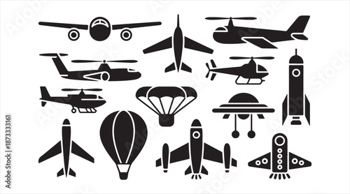 Aviation and aircraft silhouettes collection with planes, helicopters and rockets