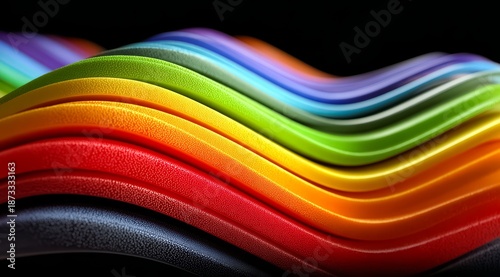 Colorful line of plastic objects with a rainbow pattern. The colors are vibrant and the line is curved