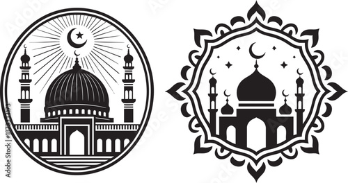 islamic mosque emblem line art set – crescent moon masjid badges in black and white