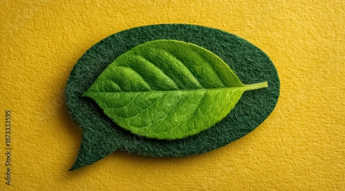 Leaf is placed on top of a yellow surface, which is shaped like a speech bubble. The leaf is green