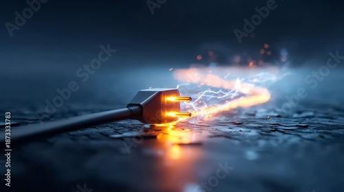 Plug is shown with a wire sticking out of it and sparks flying out of it. Concept of danger and chaos