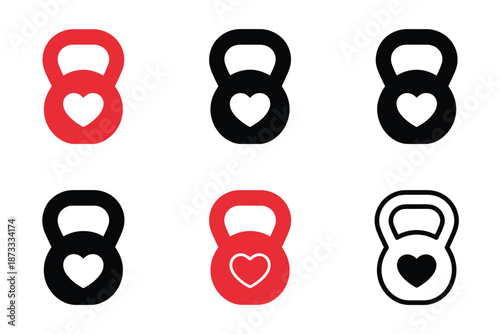 A set of colorful kettlebell icons with heart symbols on a white background