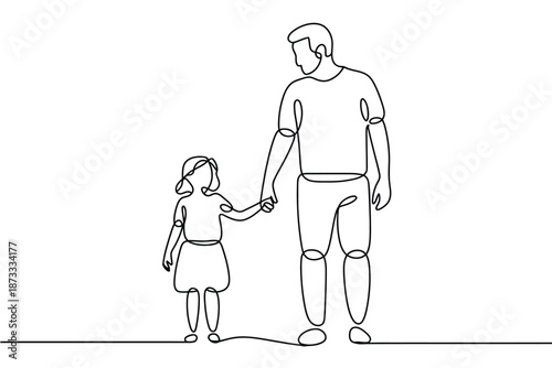 A simple line drawing of a man and a little girl holding hands