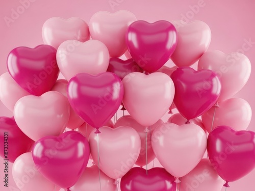 A collection of pink and red heart-shaped balloons isolated on white background