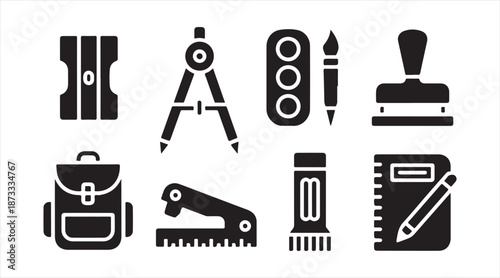 School supplies black silhouettes set for education, study and academic design