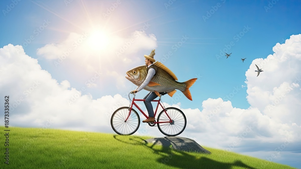 Obraz premium Fantasy image of fish riding bicycle across grassy hill under blue sky