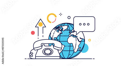 Concept illustration for global communication and international calls, featuring a rotary phone, a globe, and a speech bubble.