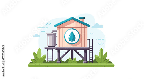 Flat design illustration of a small wooden water tower with a storage tank, symbolizing water purification and supply.