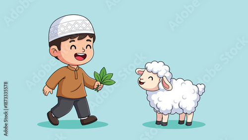 Happy Muslim Boy Feeding a Cute Sheep with Green Leaves for Eid alAdha Celebration.