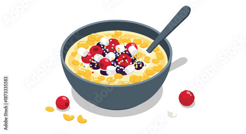 Isometric vector illustration of a healthy and delicious breakfast bowl with corn flakes, fresh berries, and marshmallows.
