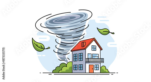 A powerful tornado or hurricane is approaching a residential house, illustrating a natural disaster and severe weather event.