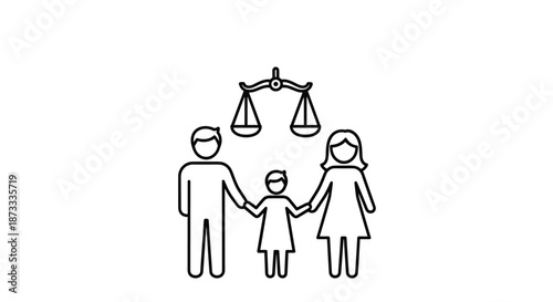 Simple black and white line icon representing family law, with a mother, father, and child standing under the scales of justice.