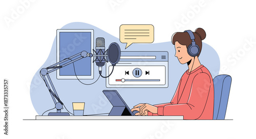 A woman hosts a podcast from her desk, speaking into a professional microphone with an audio player interface on screen.
