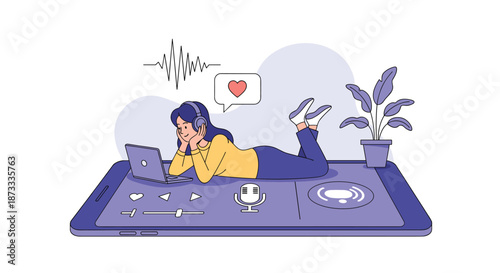 Relaxed young woman in headphones lies on a giant smartphone, enjoying music or a podcast from her laptop with a heart icon.