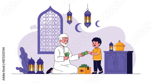 An elderly Muslim man gives money to a young boy as an act of charity or Zakat during the holy month of Ramadan.