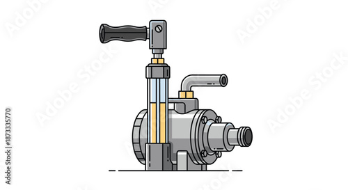 Technical illustration of an industrial liquid pump with a pressure gauge and manual operating handle, isolated on a white background.