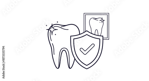 Black and white line art icon representing dental health, with a sparkling tooth protected by a shield and an x-ray image.