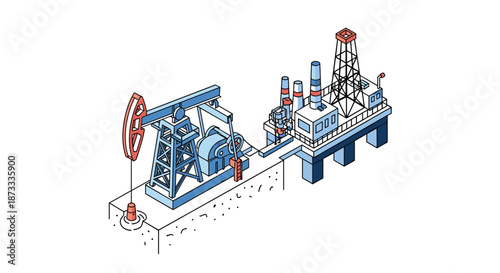 Isometric illustration of the oil industry, showing an onshore pumpjack and an offshore drilling rig platform connected together.