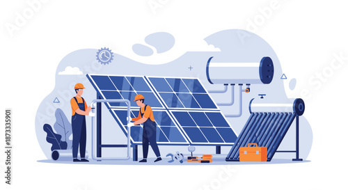 Two technicians installing and maintaining a solar energy system with panels, a water heater, and storage tank on a roof.