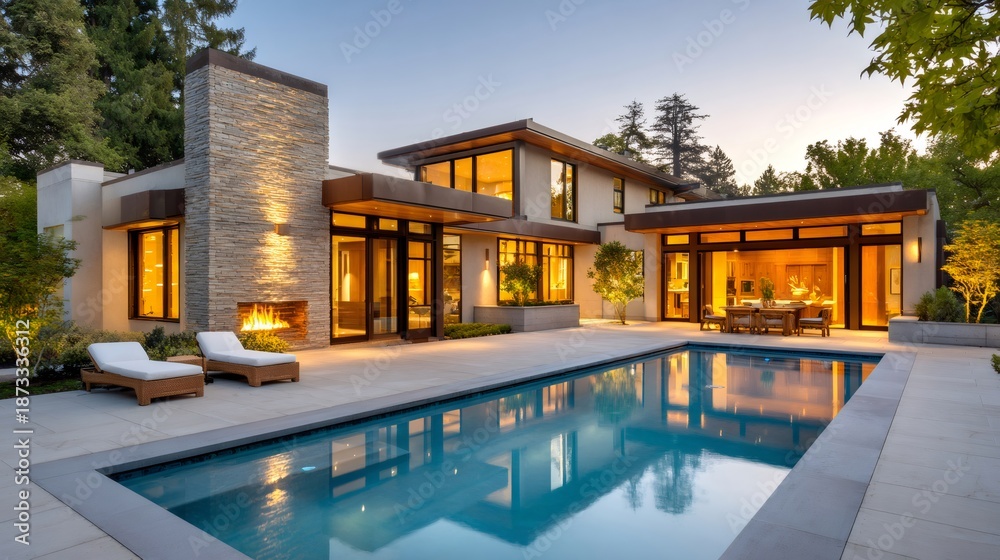 Naklejka premium Modern luxury villa with swimming pool at twilight