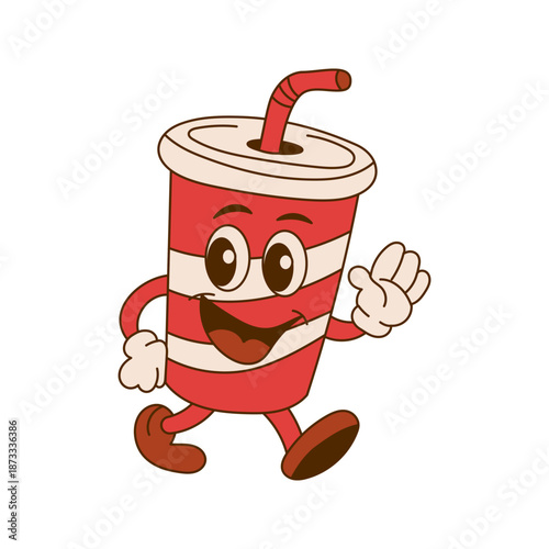 Cartoon cup coffee character vector illustration for soda and food straw energy. Cute walking drink mascot with a happy face for children's menu or cafe design.