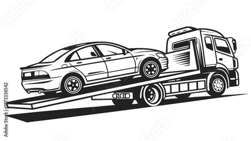 A detailed illustration of a car being transported on a tow truck showcasing a striking silhouette