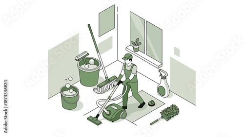 Professional cleaner diligently working in a room with various cleaning tools.