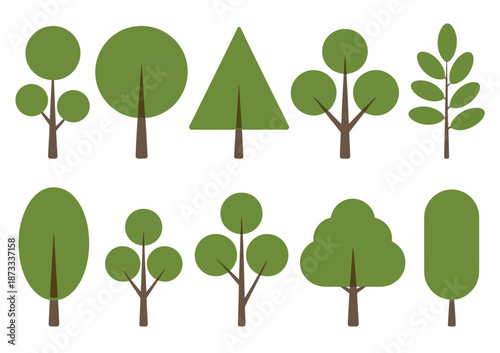 Collection of stylized green trees with brown trunks and branches in various simple shapes nature plant