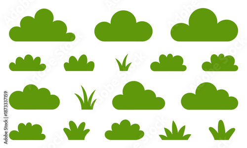 Collection of stylized green grass and bush shapes a white background plant nature