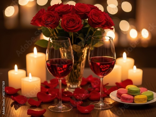Romantic evening set with wine and roses isolated on white background