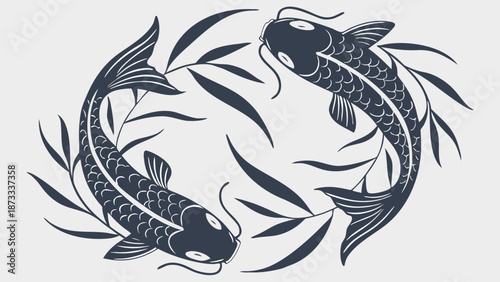 Two elegant koi fish swim amongst detailed foliage in a circular design a striking silhouette
