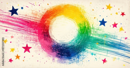 Colorful circular design with stars, brushstrokes. Vibrant rainbow hues create dynamic visual impact. Bright, energetic composition.