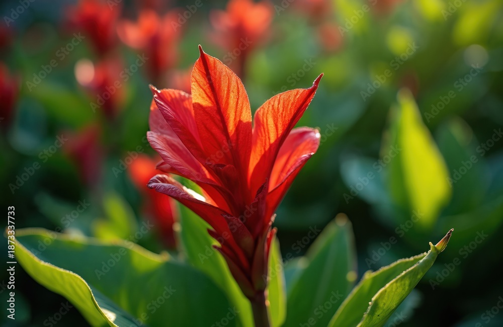 Obraz premium Bright red canna flower in full bloom. The photo depicts a close up view of a vibrant blossom with green leaves. Sunlight illuminates the petals creating a natural background.