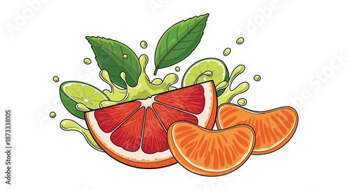 Vibrant grapefruit and tangerine slices with leaves and refreshing juice splash on a.