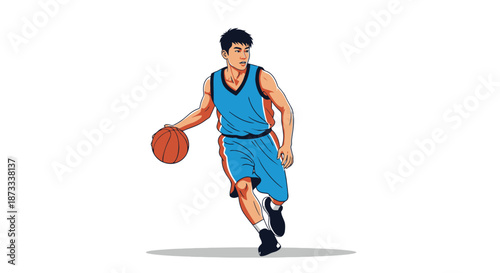 Basketball player dribbling a ball with focus and agility during an intense game.