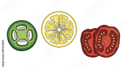 Slices of jalapeño, lemon, and tomato are displayed as simple food icons.