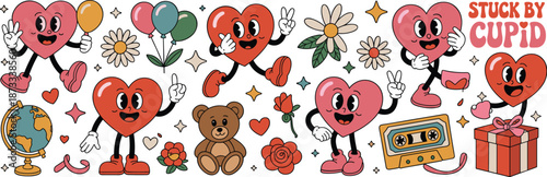 Valentine heart characters, cute love illustration, romantic cartoon elements, festive vector design, cheerful holiday art, flat vector illustration