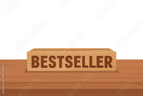 A wooden bestseller sign on a brown table with a white background
