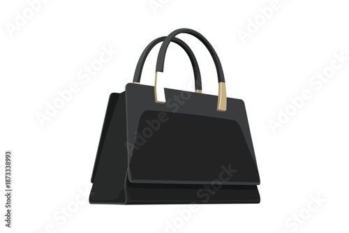 A sleek black handbag with gold accents on a white background