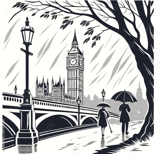 a beautifully detailed black and white illustration depicts london s iconic landmarks under a rainy sky silhouette